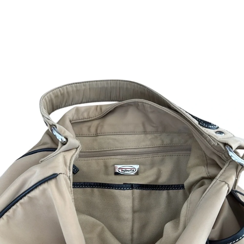 Talbots Tan And Black Trim Nylon And Leather Soft Hobo Bag